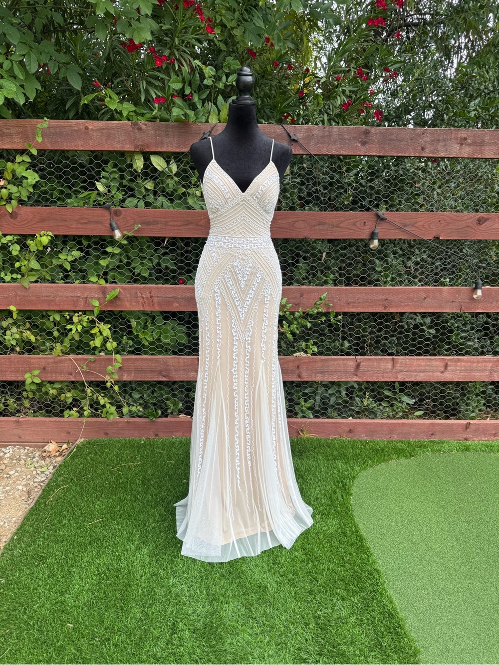 MARINA Ivory Beaded Spaghetti-Strap Prom Gown